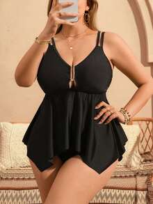 Swim Lushoire Plus Size Women's V-Neck Black Metal Decor Ruffle Trim Fashionable Beach Resort Swimwear Set, Spring/Summer - Black - View 3