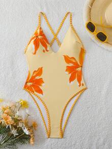 Swim Vcay 女士春假可调节交叉肩带V领印花连体泳衣，性感、优雅、度假、简约，适合圣诞节穿着 - 彩色 - 查看 9