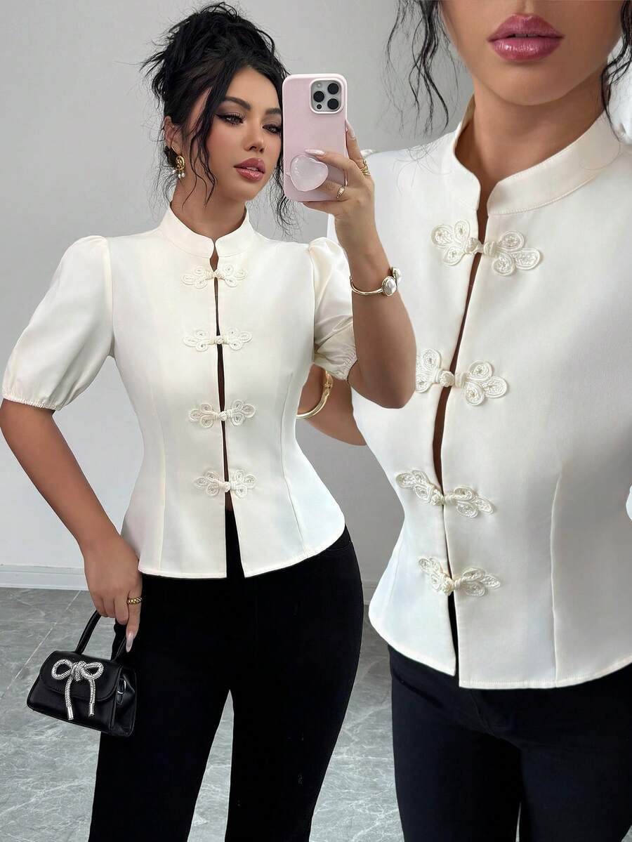 SHEIN Elenzya Women's Elegant French Style Short Sleeve Blouse, Suitable For Commute, Vacation, Afternoon Tea, Romantic, New Chinese Style With Stand Collar And Front Button Decoration, Spring/Summer - Apricot - View 1