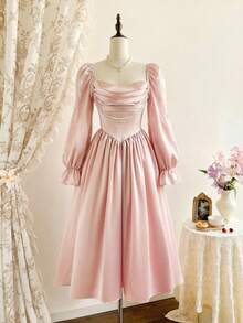 Vintamour 复古优雅女士连衣裙，缎面珍珠链条褶皱灯笼袖连衣裙，假日派对连衣裙，夏季长款连衣裙，女士夏季服装，女士春季服装，女士春假服装，情人节服装，情人节连衣裙，情人节服装，情人节套装，优雅女士连衣裙，女士生日连衣裙，春季服装，婚礼宾客连衣裙 - 粉色 - 查看 2