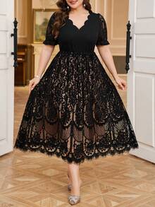 Reflora Vestido elegante de manga corta con escote en V, encaje y volantes en la cintura para mujer de talla grande - Negro - Ver 9