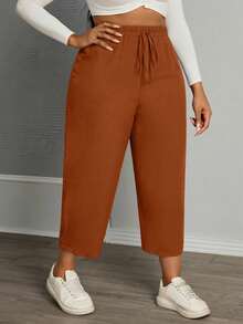 SHEIN PETITE CURVE Plus Size Women Casual Drawstring Waist Straight Leg Pants, Solid Color, Versatile For Daily Commute - Brown - View 3