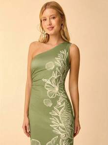 CAJUNI 女士波西米亚热带蓝色海洋贝壳海马珊瑚印花不对称肩部腰部褶皱中长休闲度假连衣裙 - 綠色 - 查看 6