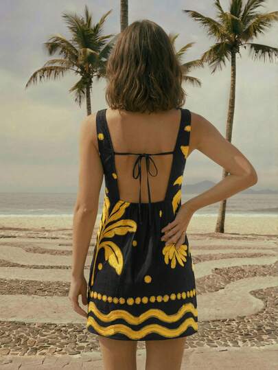 CAJUNI Vestido corto de vacaciones elegante de la serie Paisaje Amarillo