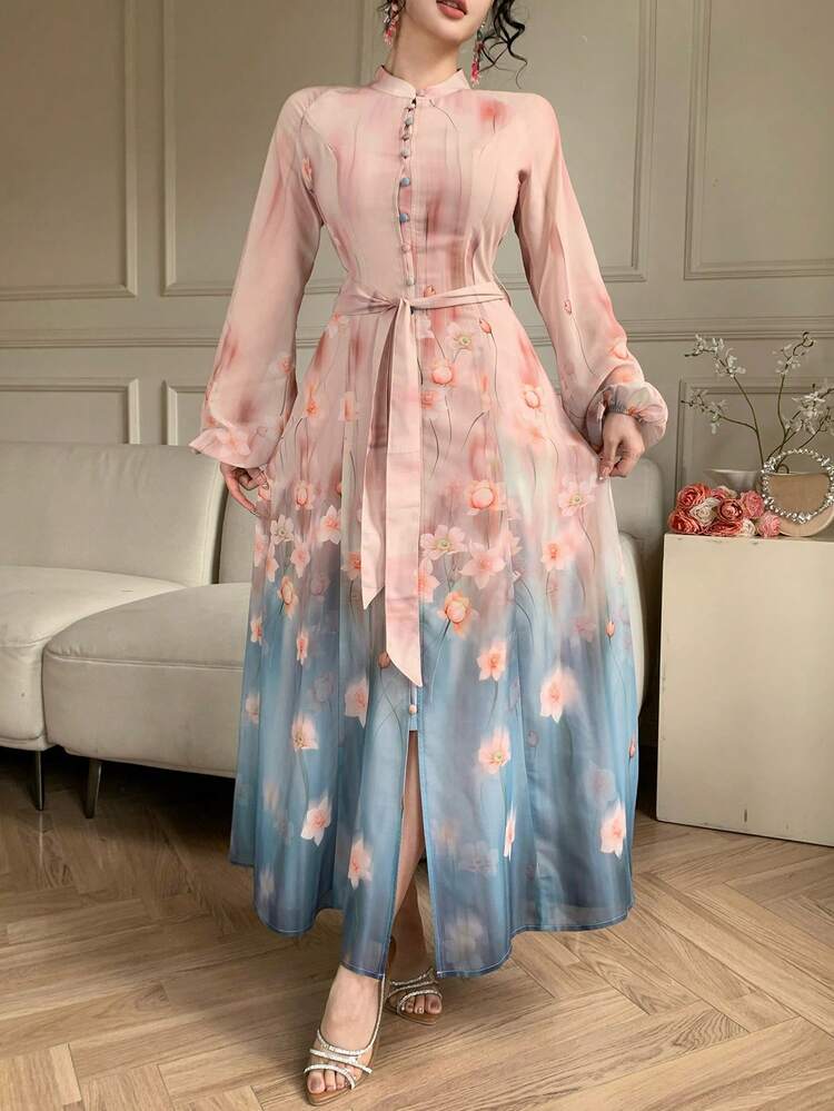 Spring & Summer Floral Print Chiffon Dress, Elegant Fit For Wedding, Party, Formal Occasion, Fashionable Commute Sundress