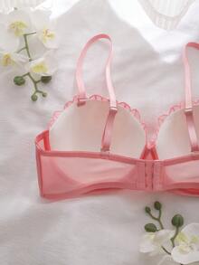 DelicateAllure Pink Knitted Fabric Floral Embroidered Push Up Plus Size Bra - Pink - View 4