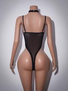 2件套浪漫蕾丝PU镂空性感女士内衣套装 - 黑色 - 查看 2