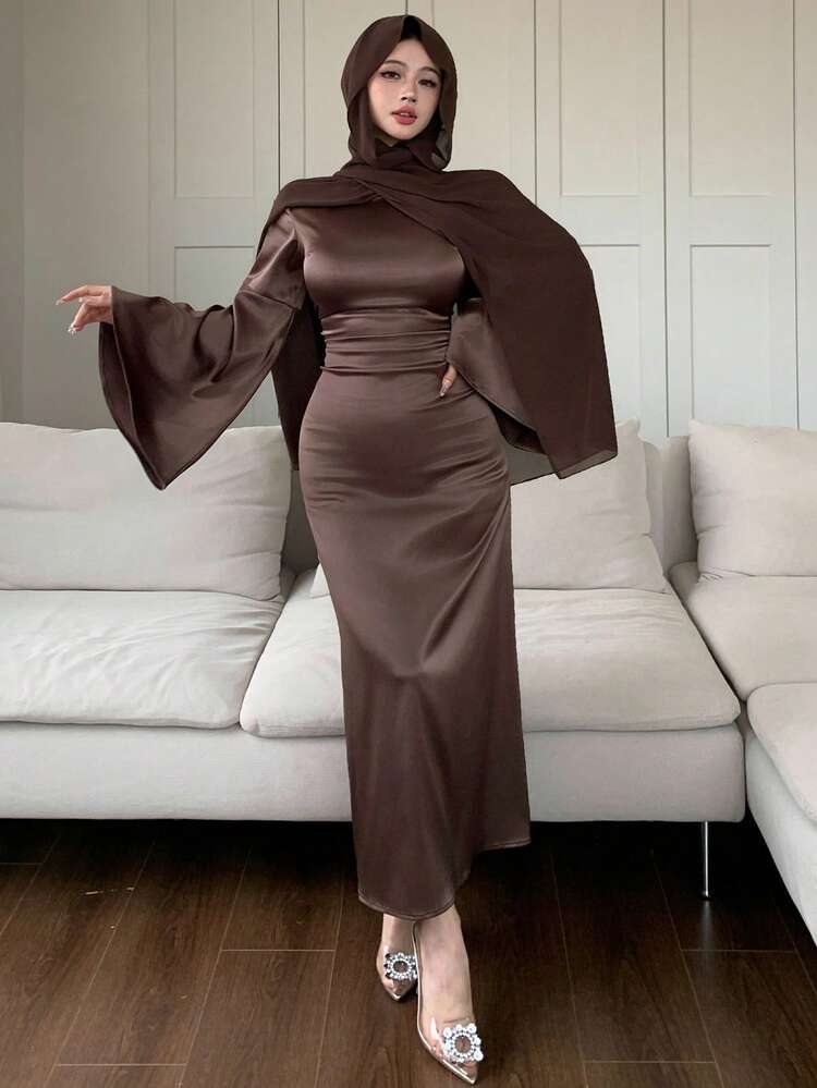 2pcs Set: Brown Shawl Scarf & Fitted Flare Sleeve Dress, Elegant For Parties, Weddings, Formal Events, Fashion Cocktail Dress Spring Wedding Guest Dress Sundress