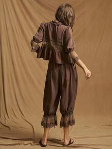 SHEIN ICON Y2k 女士黑色西部波西米亚风度假休闲纯色抽绳灯笼裤，春夏款 - 棕色 - 查看 2