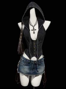 SHEIN ICON 女士时尚街头风前扣抽绳连帽背心，夏季 - 黑色 - 查看 1