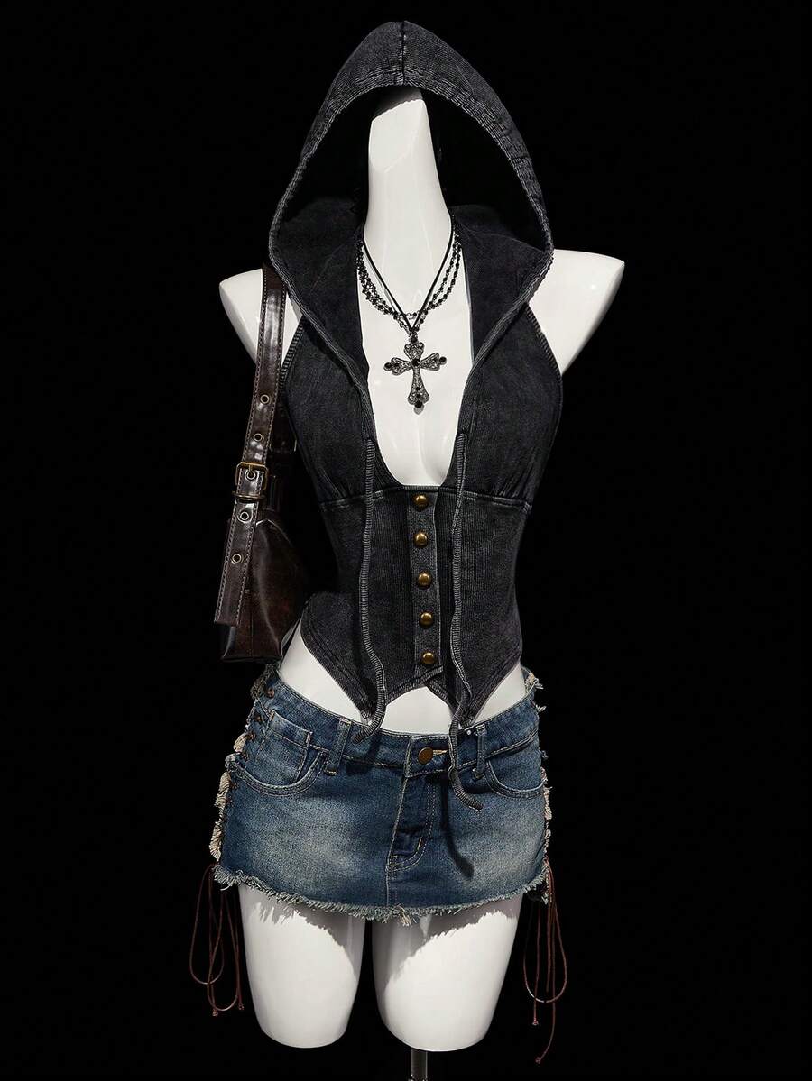 SHEIN ICON 女士时尚街头风前扣抽绳连帽背心，夏季 - 黑色 - 查看 1