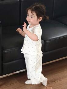 DAZY 2pcs Baby Girls Casual All-Over Print Long Sleeve Top And Pants Homewear Set - White - View 2