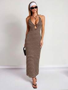 COSMINA Women's Striped Print Halter Backless Dress - Coffee Brown - View 4