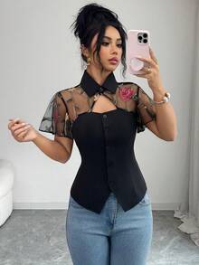 Elenzga Black Shirt Collar Patchwork Delicate Mesh Embroidered Floral Ruffle Sleeve Blouse, Suitable For Summer Wear - Black - View 5