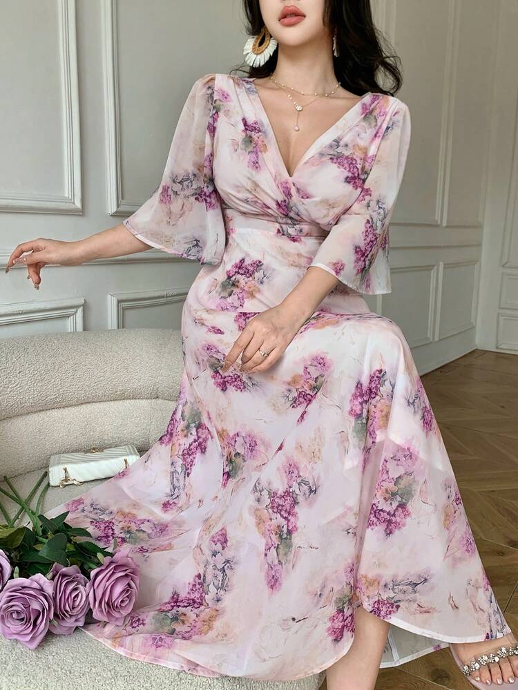 Women's Elegant Floral V-Neck Flare Sleeve Mid-Length Dress, Spring/Summer Wedding Guest Dress Easter Maxi Dress Sundress