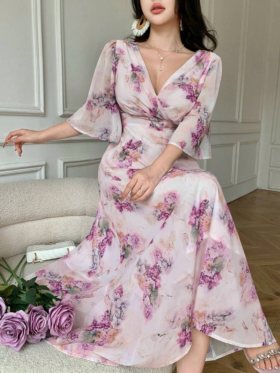 DAZY 女士优雅碎花V领喇叭袖中长连衣裙,春夏婚礼宾客礼服,复活节长款连衣裙 - 紫色 - 查看 1