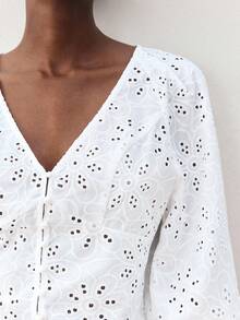 Maija Women's White V-Neck Front Button Casual Beach Vacation Style Shirt, Embroidered Hollow-Out Fabric, Lantern Sleeve, Slim Fit, Hawaiian Style Top - White - View 3