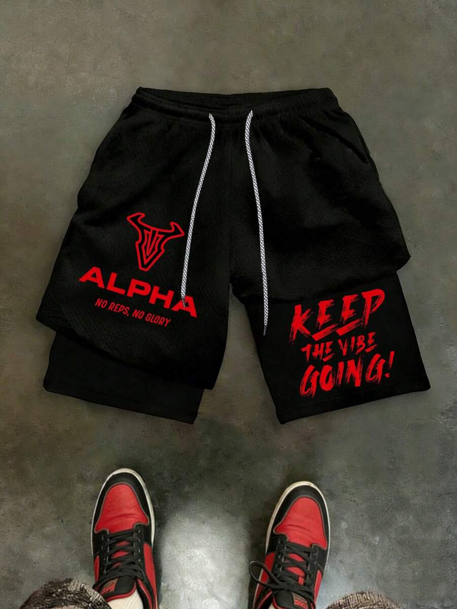 Sport MetroGents 男士休闲时尚街头运动标语印花抽绳腰带短裤黑色运动裤 - 黑色 - 查看 1