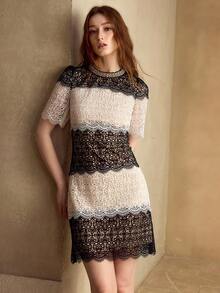 MOTF PREMIUM WOMEN'S BLACK & WHITE LACE PATCHWORK SHORT SLEEVE ELEGANT DATE NIGHT SHORT DRESS - Black and White - View 6