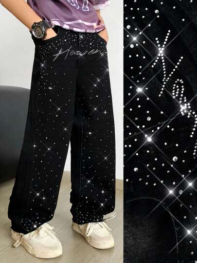 SHEIN Tween Boy Fashion Casual Y2k Vintage Cool Street Returns To School College Sparkling Letter Rhinestone Design Basic Simple And Comfortable Black Denim Loose Jeans For Soft Dailywear And Winter And Fall Rave Festival And Streetwear Rhinestone Jeans