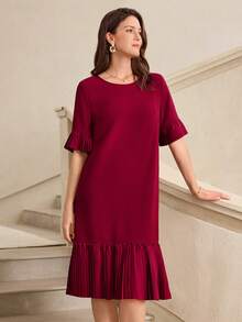 Miaspire 女士纯色圆领短袖荷叶边下摆休闲宽松连衣裙，夏季穿搭 - 深紅色 - 查看 5