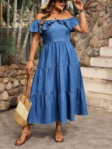 Breezaya Plus Size Women's Solid Color Ruffle Off-Shoulder Fashionable Summer Denim Sexy Dress Summer  Vacation - Blue - View 4
