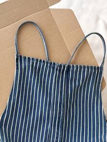 Comfortcana 女士条纹印花休闲牛仔连体裤 女士春季穿搭 女士服装 情人节外出夏季连体裤 春季穿搭 女士沙滩连体裤 女士休闲连体裤 女士度假装扮 女士蓝色连体裤 女士休闲条纹牛仔背带裤 可调节细肩带阔腿连体裤 带口袋 - 中等水洗藍 - 查看 4