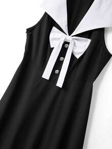 GlowEve CURVE New Arrival Women Plus Size Retro Style A Line Midi Dress Woven Fabric Colorblock Design Collar Sleeveless - Black and White - View 5