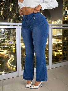 Slaydiva 大码女式弹力水洗牛仔裤，休闲舒适修身喇叭裤，浅蓝色牛仔裤 - 深色水洗藍 - 查看 4