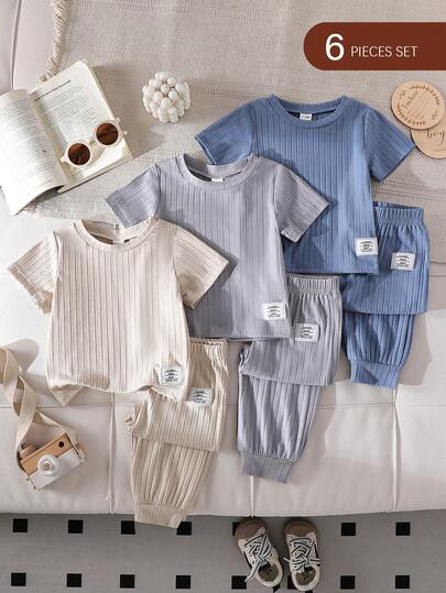SHEIN Playful Pals 6pcs Baby Boy Outfit Set, Solid Color Ribbed Fabric Short Sleeve Top And Pants, Comfortable Casual Everyday Wear, Versatile And Cute, All-Match Matching Suitable For All Occasions, Spring/Summer