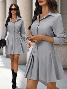 Editum Váy sơ mi viền bèo nhún màu trơn thanh lịch mới dành cho nữ, váy có cổ, màu cà phê, phù hợp để đi làm và nhiều dịp khác nhau - Xám - Xem 3