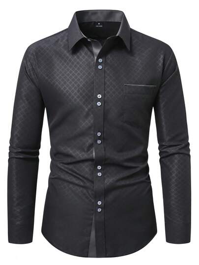 Manfinity Mode Men's Solid Color Front Button Pocket Casual Business Long Sleeve Shirt, Men's Black & White Grid Contrast Shirt,Stylish Mens Black Dress Shirt With Textured Rhombus Design Comfortable Long Sleeve Button Up Top