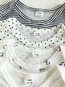 SHEIN Bộ 5 món áo liền thân cổ tròn màu trơn mềm mại và thoải mái cho bé gái, kiểu dáng thời trang thường ngày, dễ mặc vào/cởi ra, tay ngắn và quần short, thích hợp cho mùa xuân/hè. - Nhiều màu - Xem 3