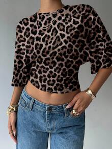 Aloruh Women's Leopard Print Batwing Sleeve Cropped Fashion T-Shirt Spring Leopard Top - Multicolor - View 7