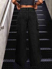 SHEIN Tall 女士工装口袋破洞阔腿宽松休闲牛仔裤 - 黑色 - 查看 2