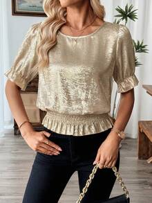 Selamara Diseño romántico de manga corta acampanada, perla dorada brillante, elegante para fiestas y oficina, blusa dorada de Pascua para mujer, primavera/verano - Dorado - Ver 4