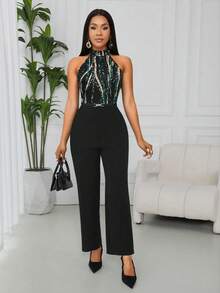 Lyxana Women's Elegant Printed Halter Jumpsuit - Black - View 5