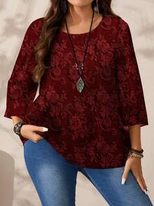 EMERY ROSE Plus Size Women Casual All-Over Print Round Neck Loose 3/4 Sleeve Shirt, Autumn/Winter Valentine's Day - Burgundy - View 3