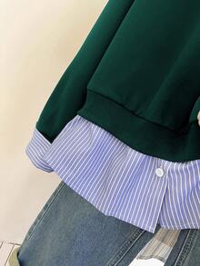 INAWLY Áo nỉ chui đầu dáng rộng thoải mái cho nữ có họa tiết sọc, ve áo, in khẩu hiệu và vai trễ, phù hợp cho mùa thu - Màu xanh lá cây đậm - Xem 4