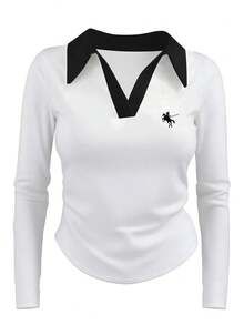 Airaco Commuter Fitted Collared Printed Contrast Color Ruched Casual Sexy Long Sleeve Women T-Shirt - Black and White - View 4