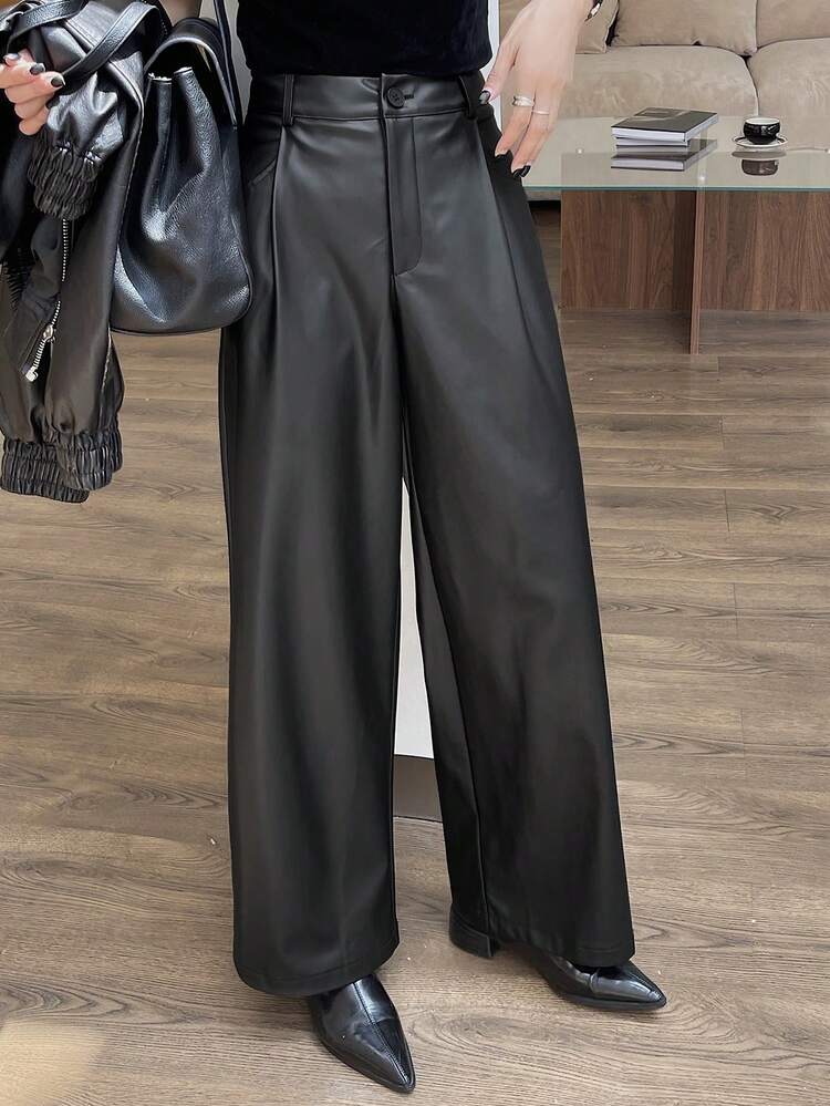 Women's PU Korean Style Casual Loose Straight Leg Pants