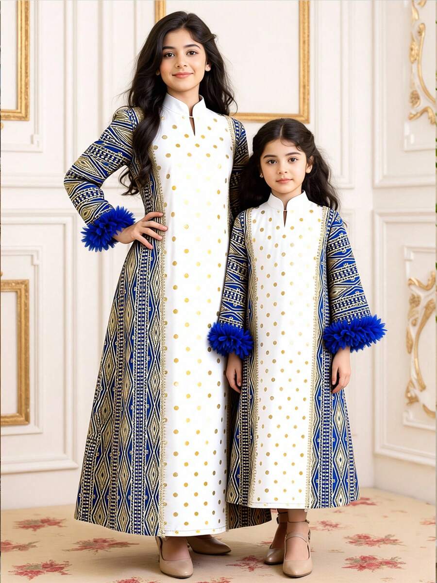 Đầm chấm bi ánh kim màu xanh dương cho bé gái, kiểu dáng mùa xuân/thu, thời trang Trung Đông thanh lịch, cổ đứng. - Màu xanh lam - Xem 1