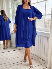 Ellevyn Plus Size Elegant Solid Color Heart Print Knitted Elastic A-Line Dress With Rhinestone Decor, Dress And Jacket Set - Royal Blue - View 3