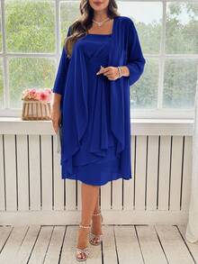 Ellevyn Plus Size Elegant Solid Color Heart Print Knitted Elastic A-Line Dress With Rhinestone Decor, Dress And Jacket Set - Royal Blue - View 7