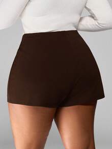 SHEIN PETITE CURVE 大码女式不对称蝴蝶结水钻装饰情人节黑色爱心/恋人基本款短裤 - 咖啡棕 - 查看 2
