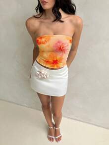 Top bandeau casual con estampado floral hawaiano naranja para mujer Aloruh, adecuado para el verano, la playa, festivales de música, se puede usar como cubreplaya, bikini casual, ropa de baño cómoda o atuendo decorativo de playa