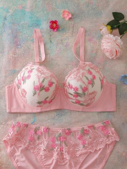 2件套粉色花卉刺绣浪漫加垫钢圈文胸内裤套装，高支撑，提拉塑形，打造迷人乳沟，情人节礼物