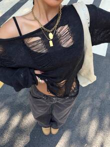 Muchica Women's Distressed Black Knit Pullover Sweater - Black - View 1