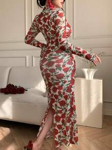 DAZY Spring & Summer Floral Print Elegant Bodycon Midi Dress, Casual Beach Vacation Dress With Twist Design, Suitable For Wedding, Commute