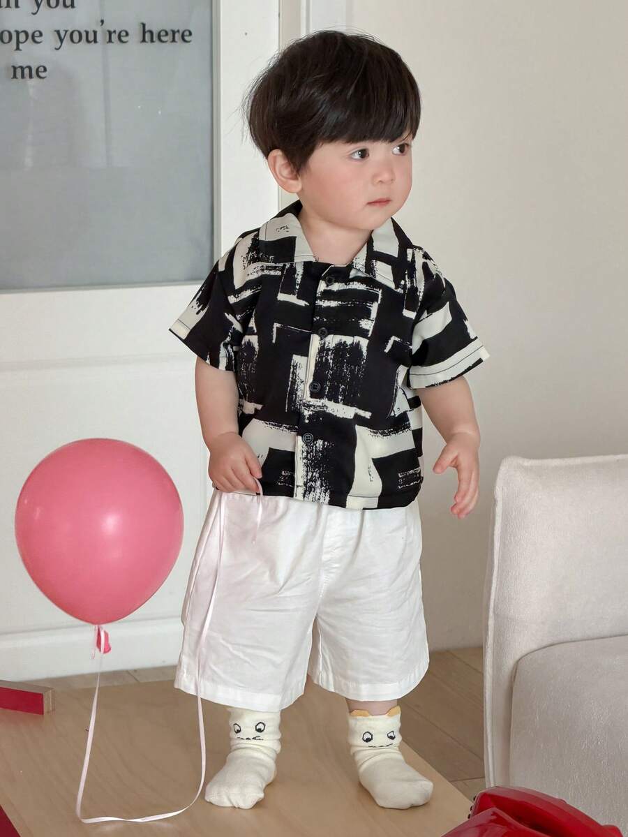 DAZY 男童翻领格子韩版休闲夏季度假衬衫 - 黑與白 - 查看 1